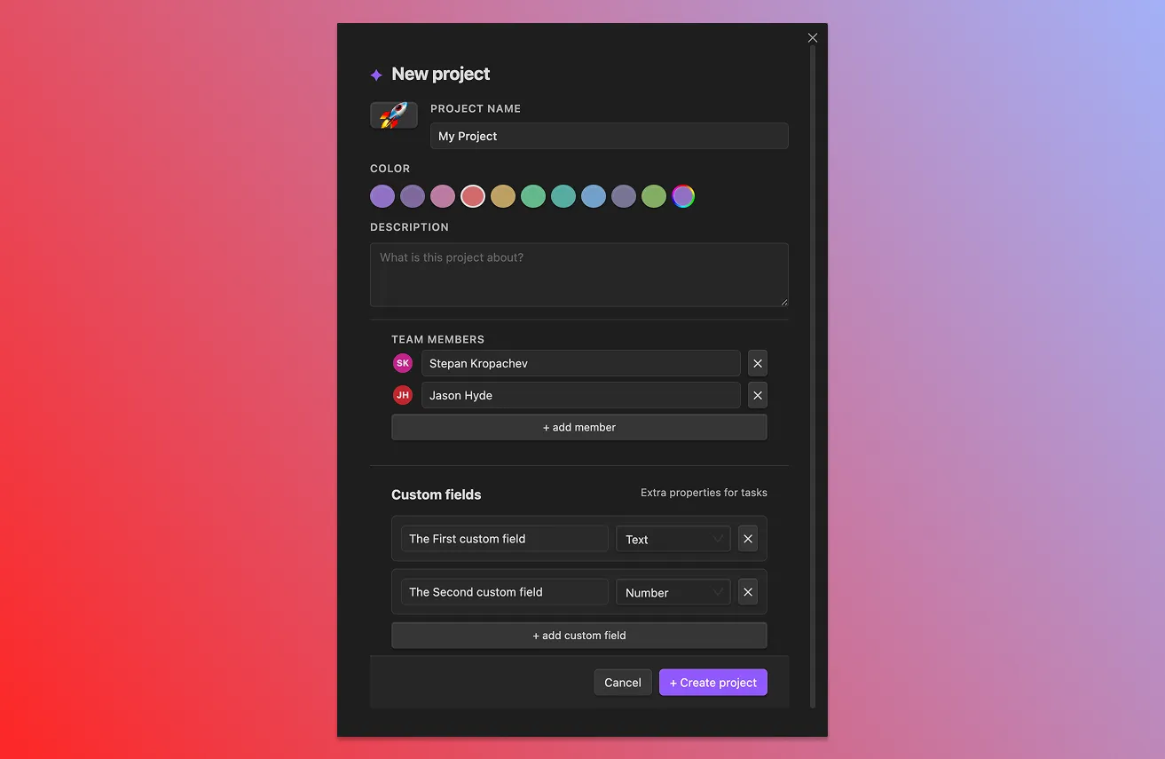 The new-project modal — title, color, description, team members, and custom fields