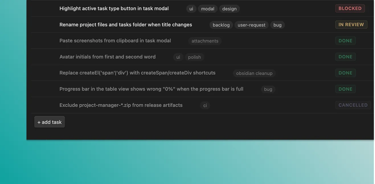 Adding a task inline in the table — the new-task row at the bottom of the list