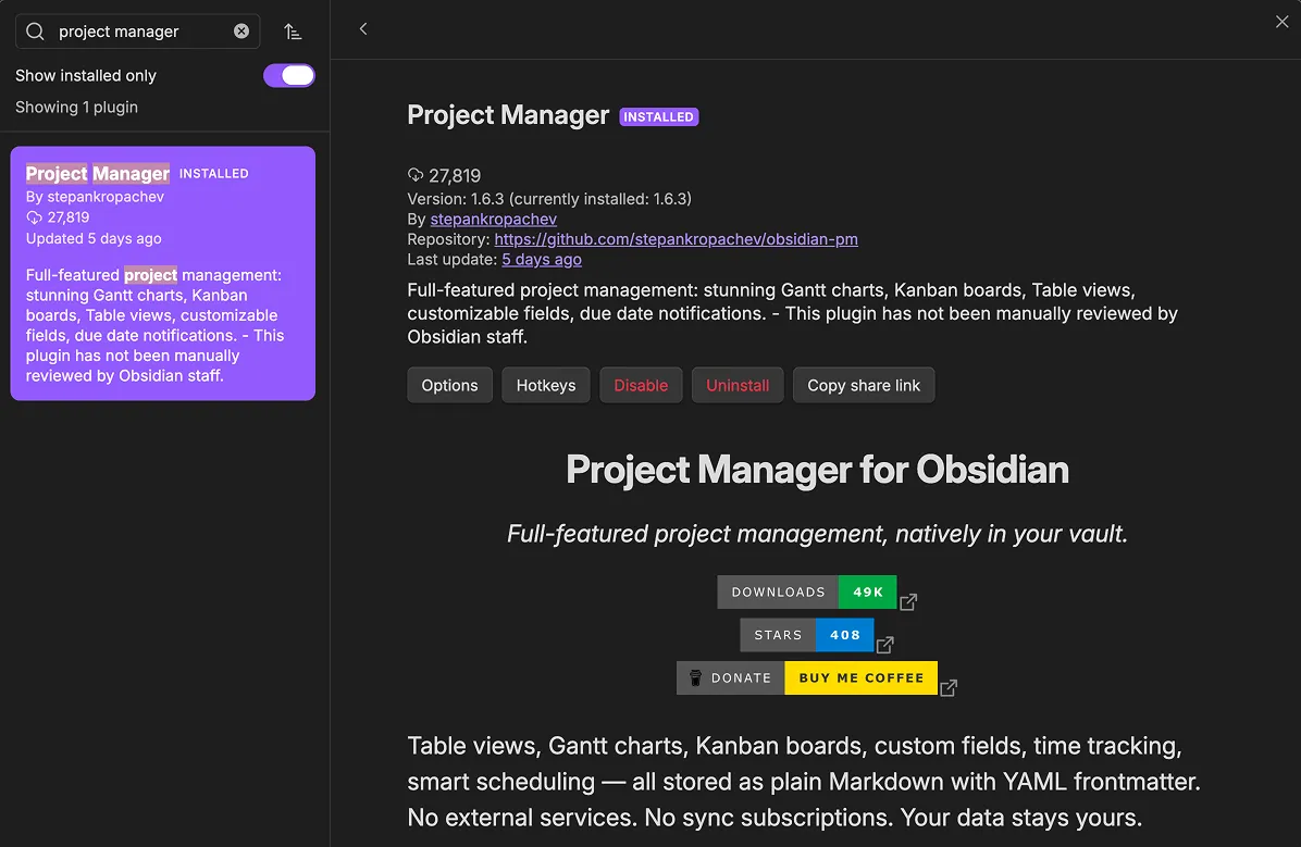 Obsidian's community plugins browser with Project Manager found — install and enable