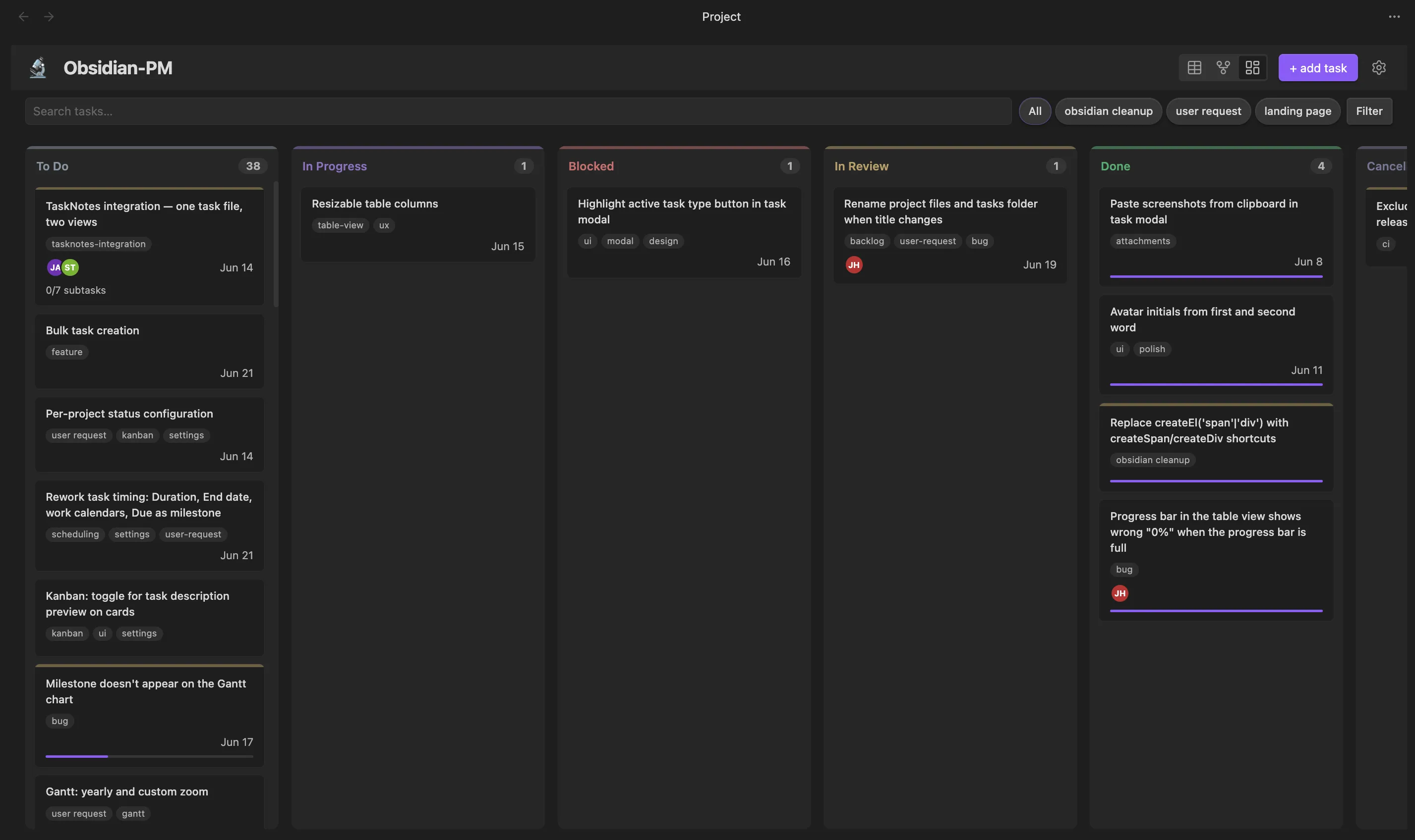 Obsidian Project Manager kanban board with task cards grouped into status columns