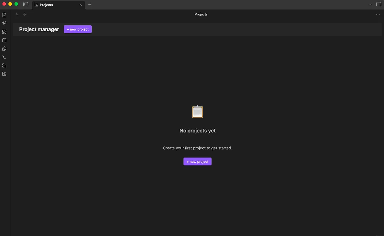 The empty project list — "No projects yet" with a + new project button