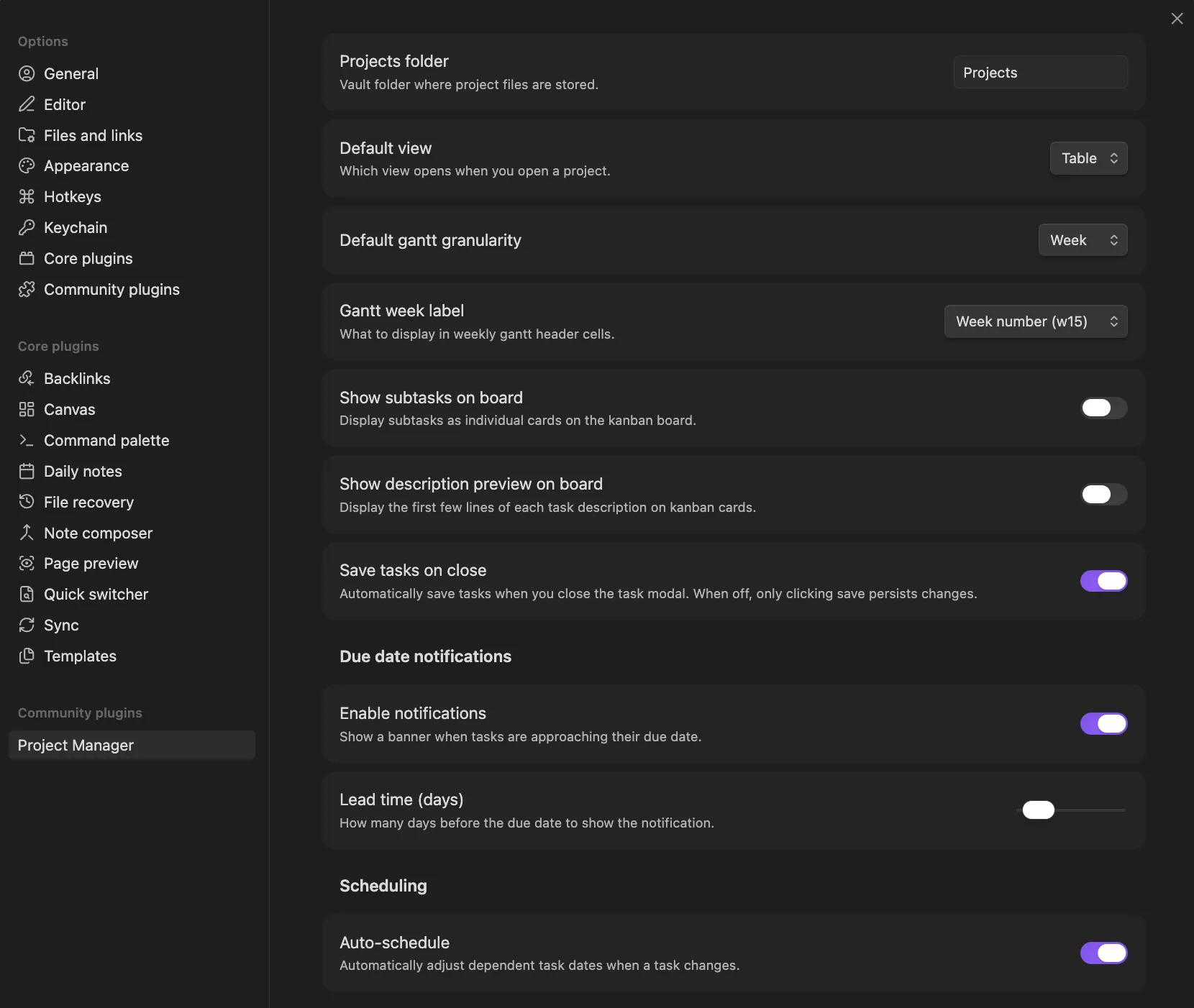 The Project Manager settings tab — general, default view, gantt granularity, board, and save options