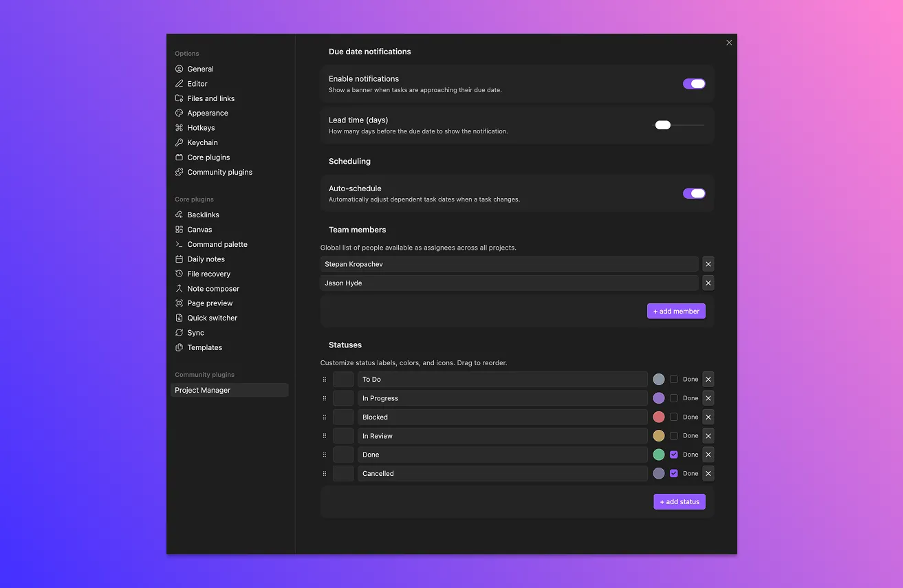 The settings tab with the status list — color swatches and per-status controls
