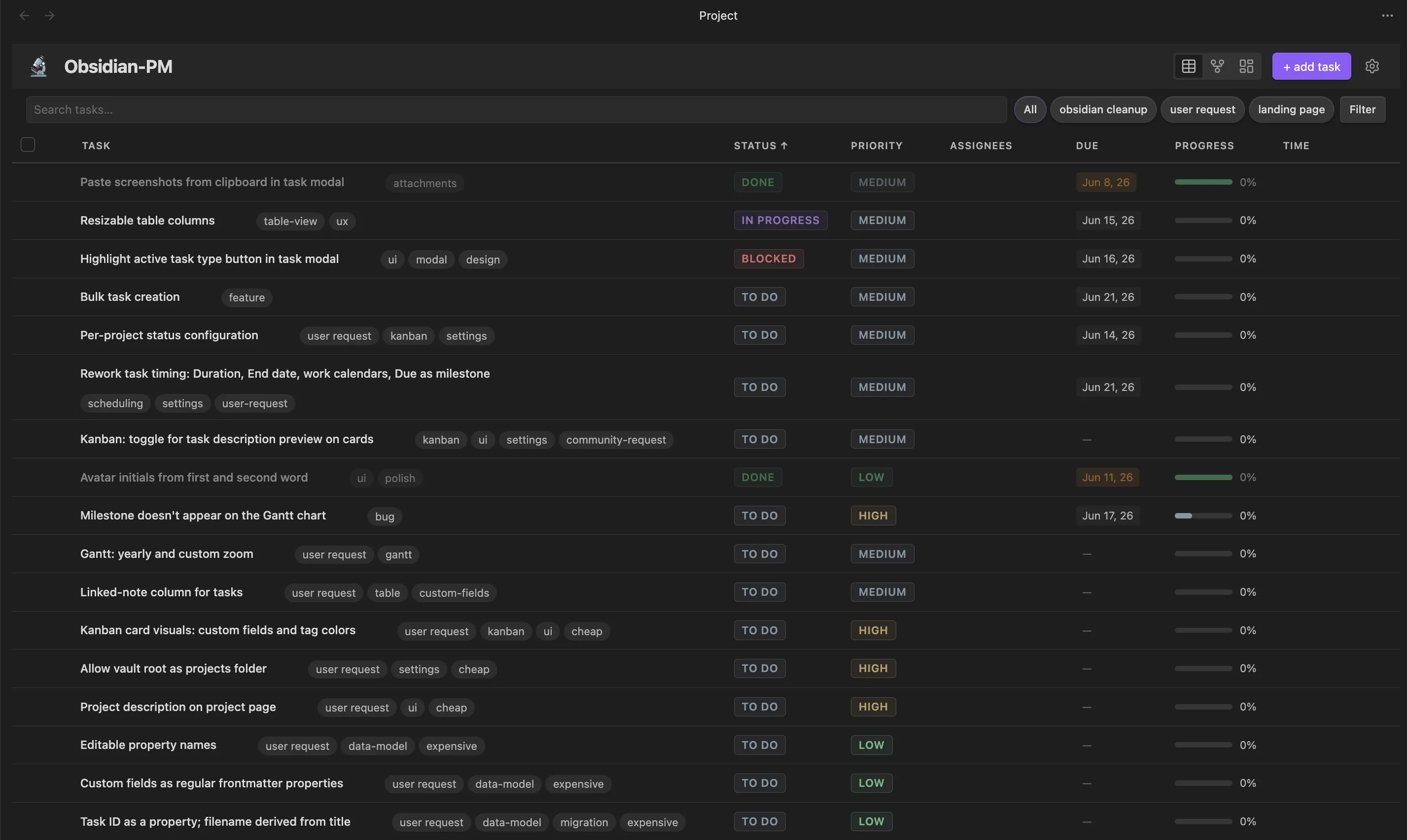 Obsidian Project Manager table view listing tasks with status, priority, due date, and progress columns