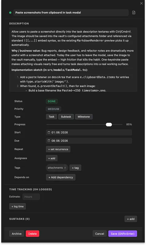 Task detail modal showing custom fields and the time-tracking panel