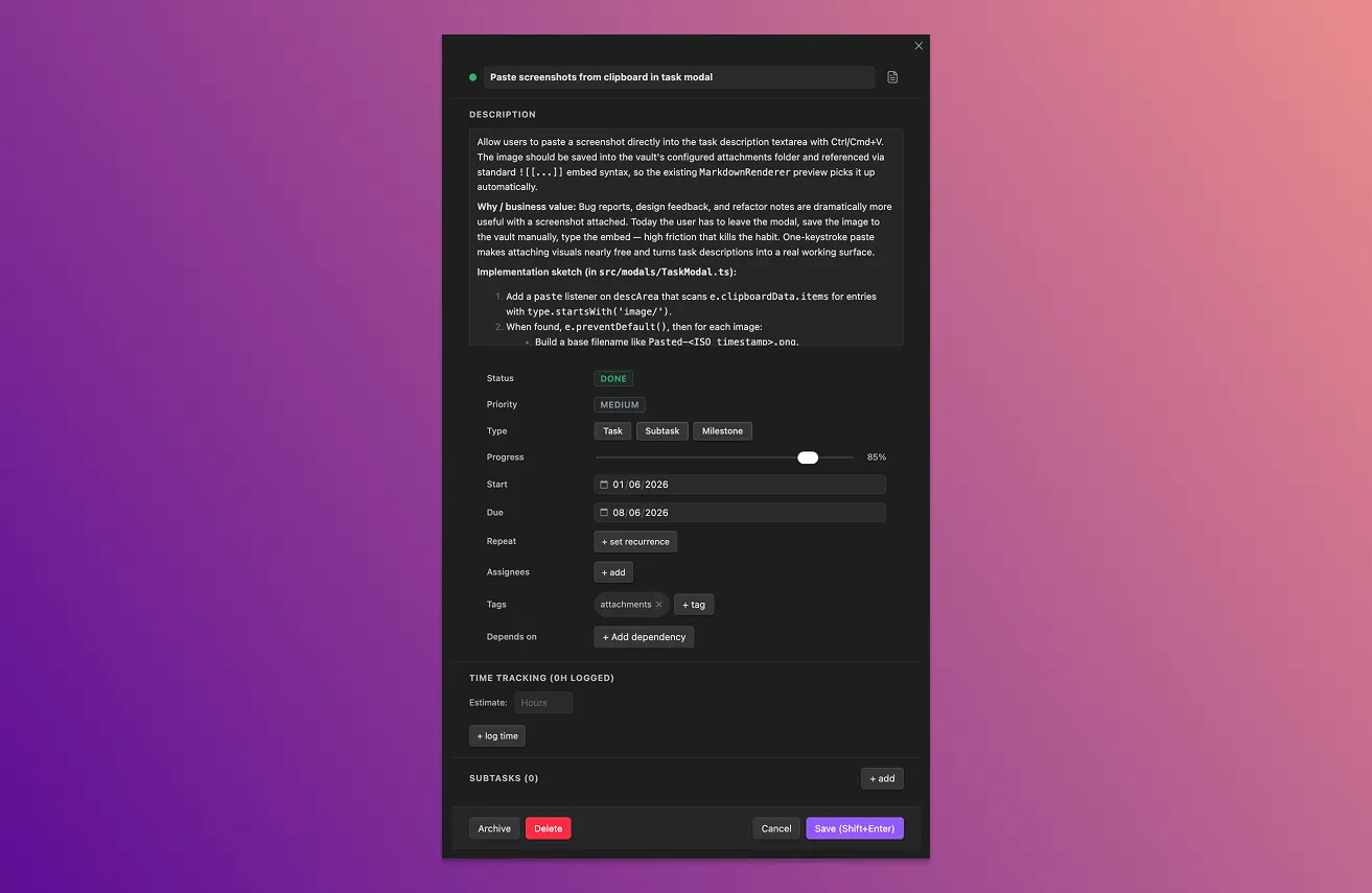 The task modal — title, description, and the status / priority / type / dates / assignees / tags fields, with save and archive actions