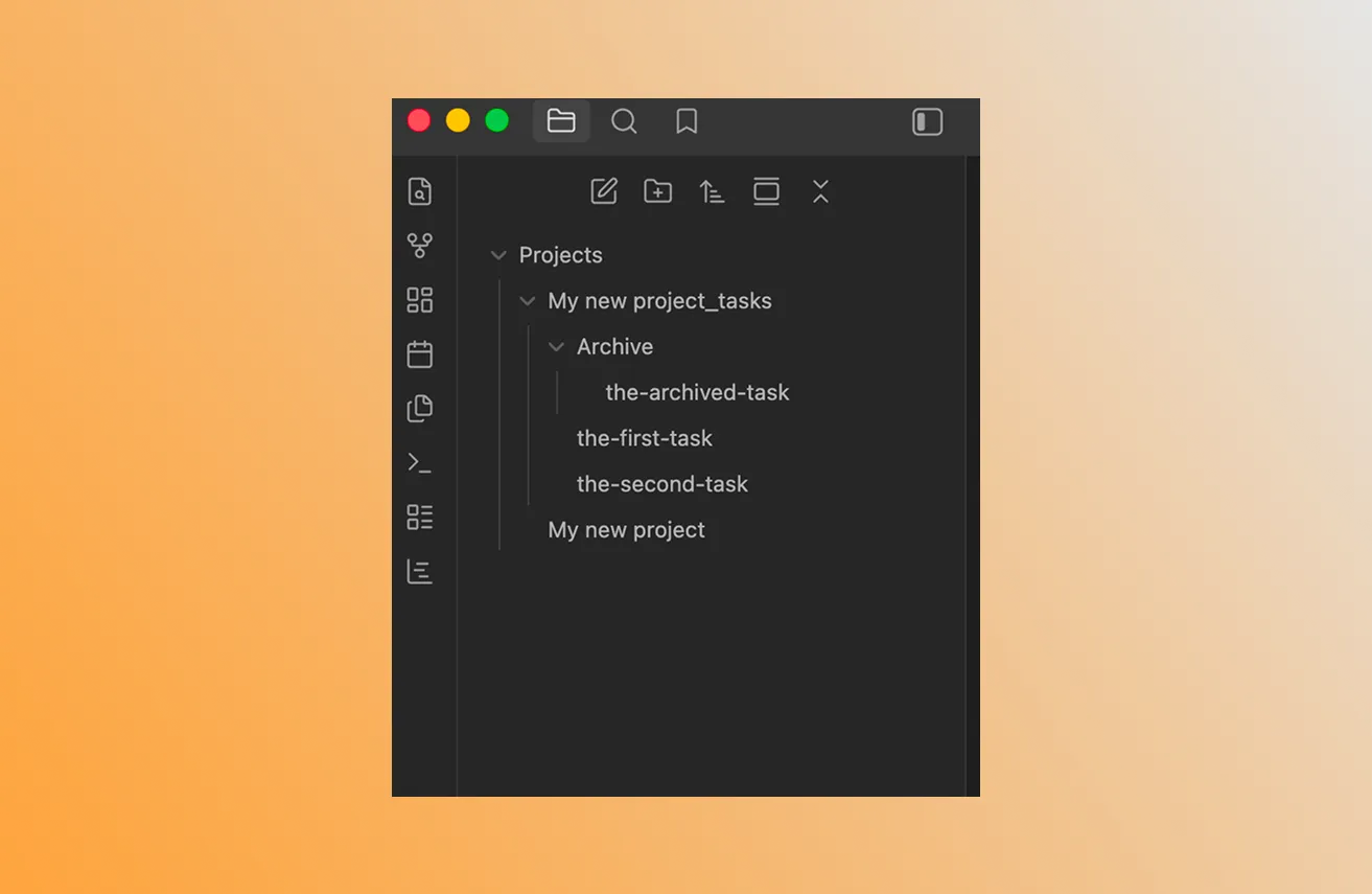 Obsidian file explorer showing the Projects folder, a project file, its tasks folder, and the Archive subfolder